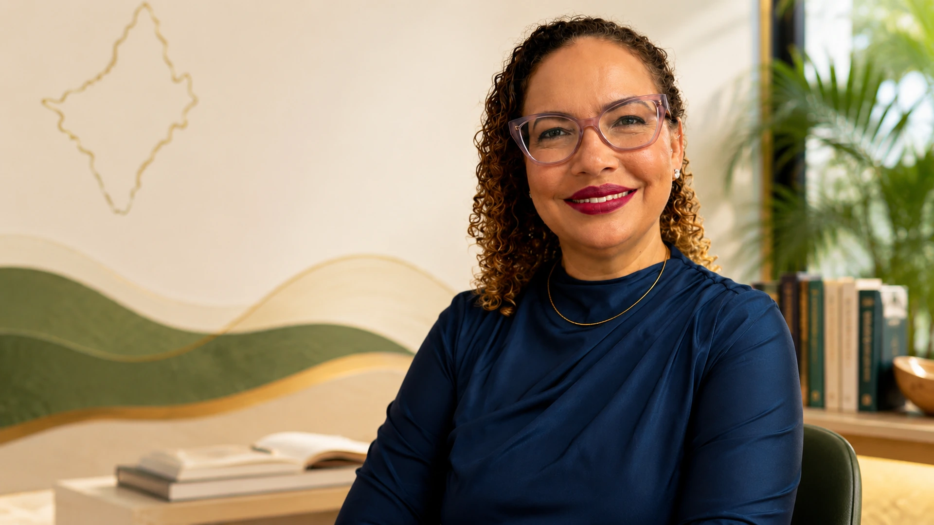 Professora Kátia em ambiente educacional com elementos do Amapá